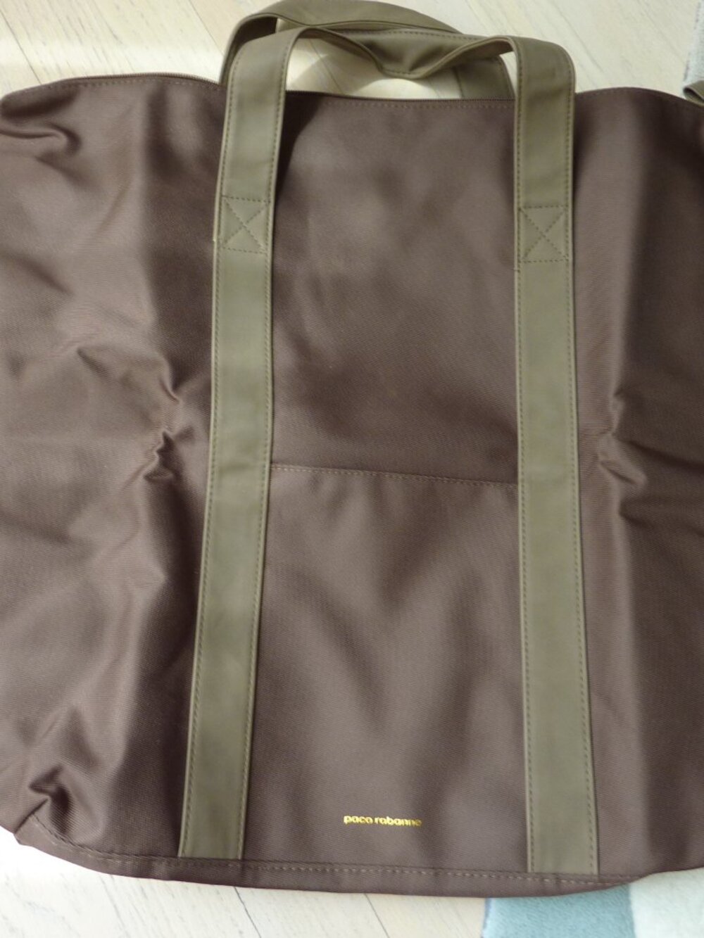 NEW Paco Rabanne Brown Overnight Weekend Canvas Travel Bag Foldable Gold Accent